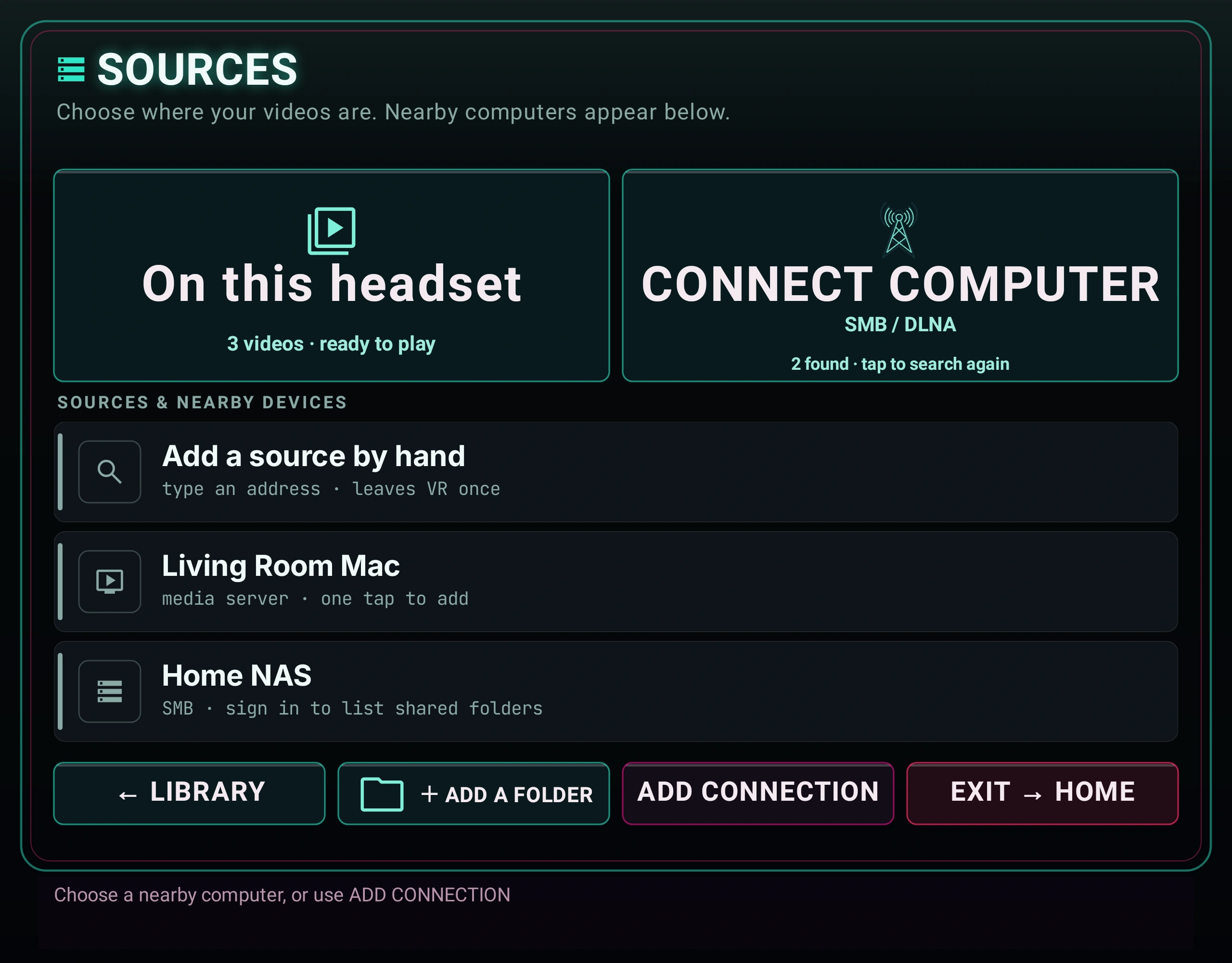 Updated Finally Sources screen with Connect Computer, Living Room Mac and Home NAS