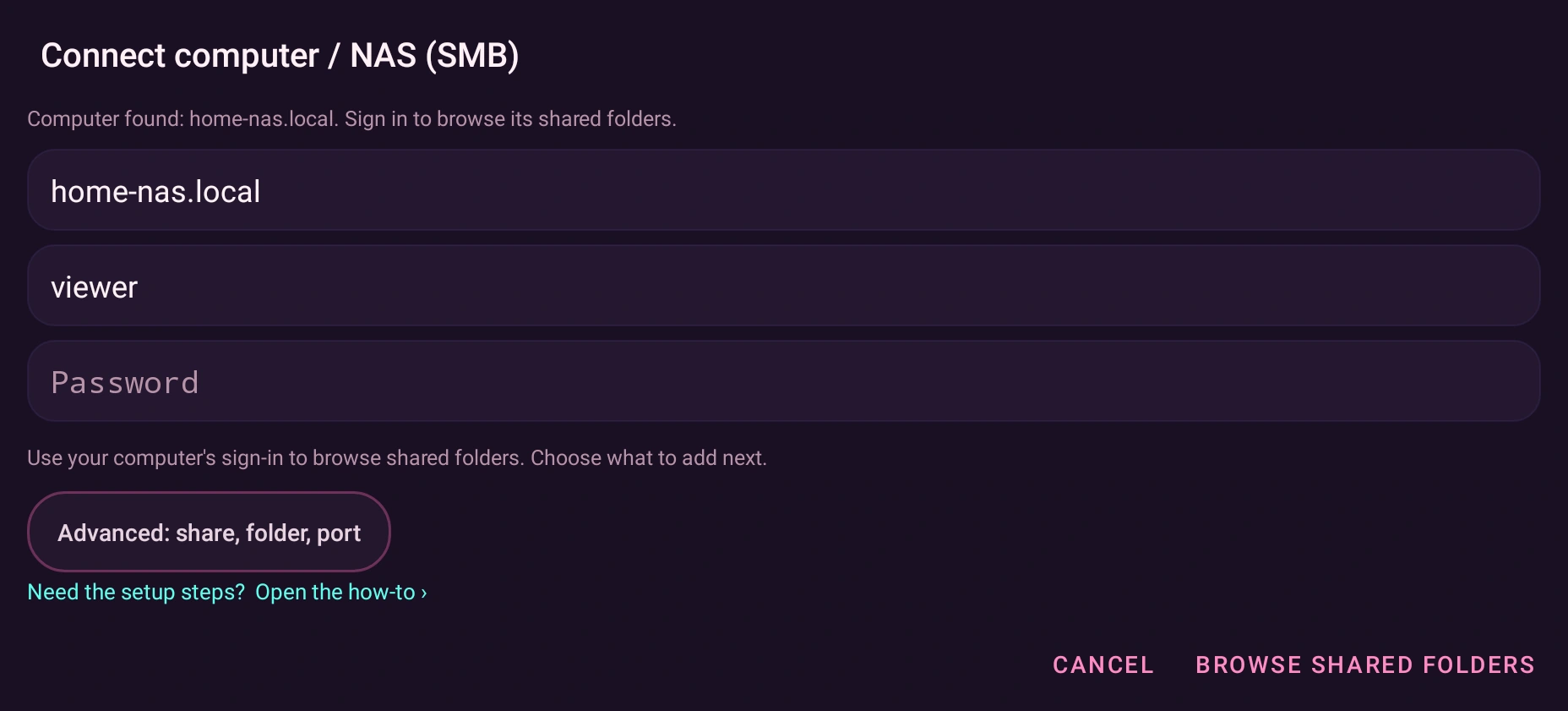 Finally SMB connection form with a fictional home-nas.local server, viewer username and an empty password