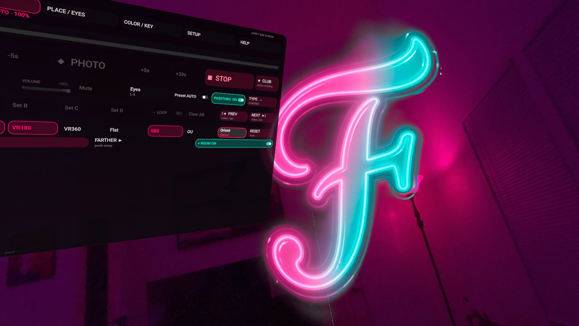Finally photo viewer in mixed reality passthrough with the neon Finally F on the wall