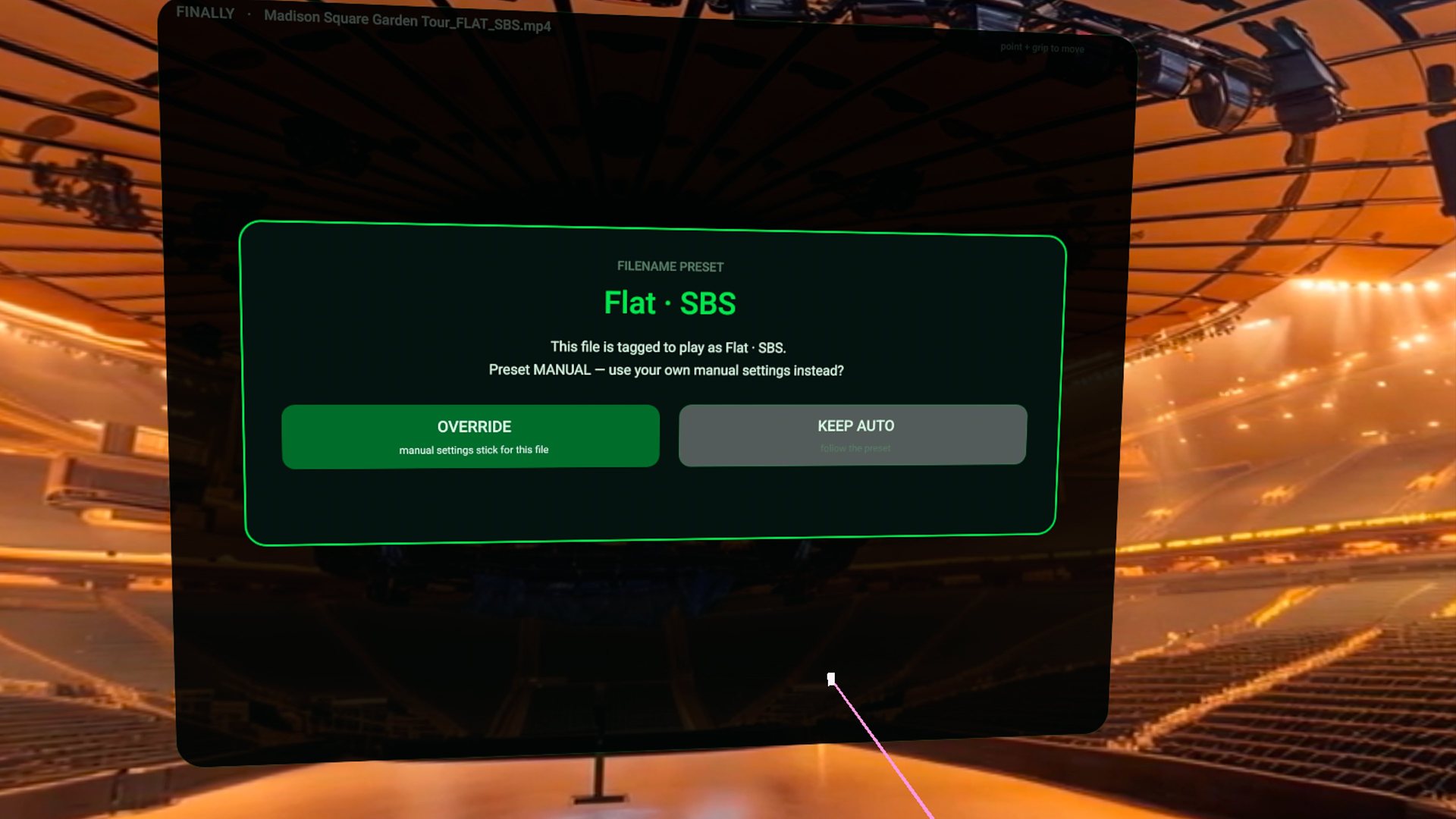 FILENAME PRESET card offering OVERRIDE or KEEP AUTO for a Flat SBS title