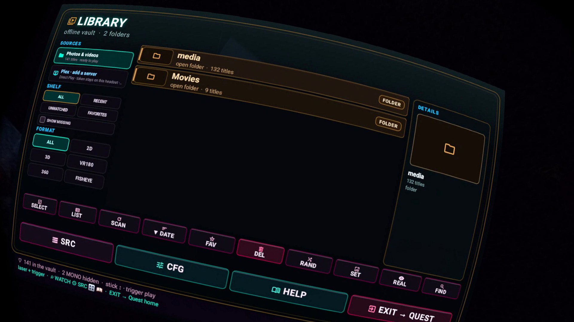 Finally library vault on Meta Quest 3 — LIBRARY panel with SOURCES (local photos and videos, Plex), shelf and format filters, folder rows, details pane, and the SRC / CFG / HELP button rail