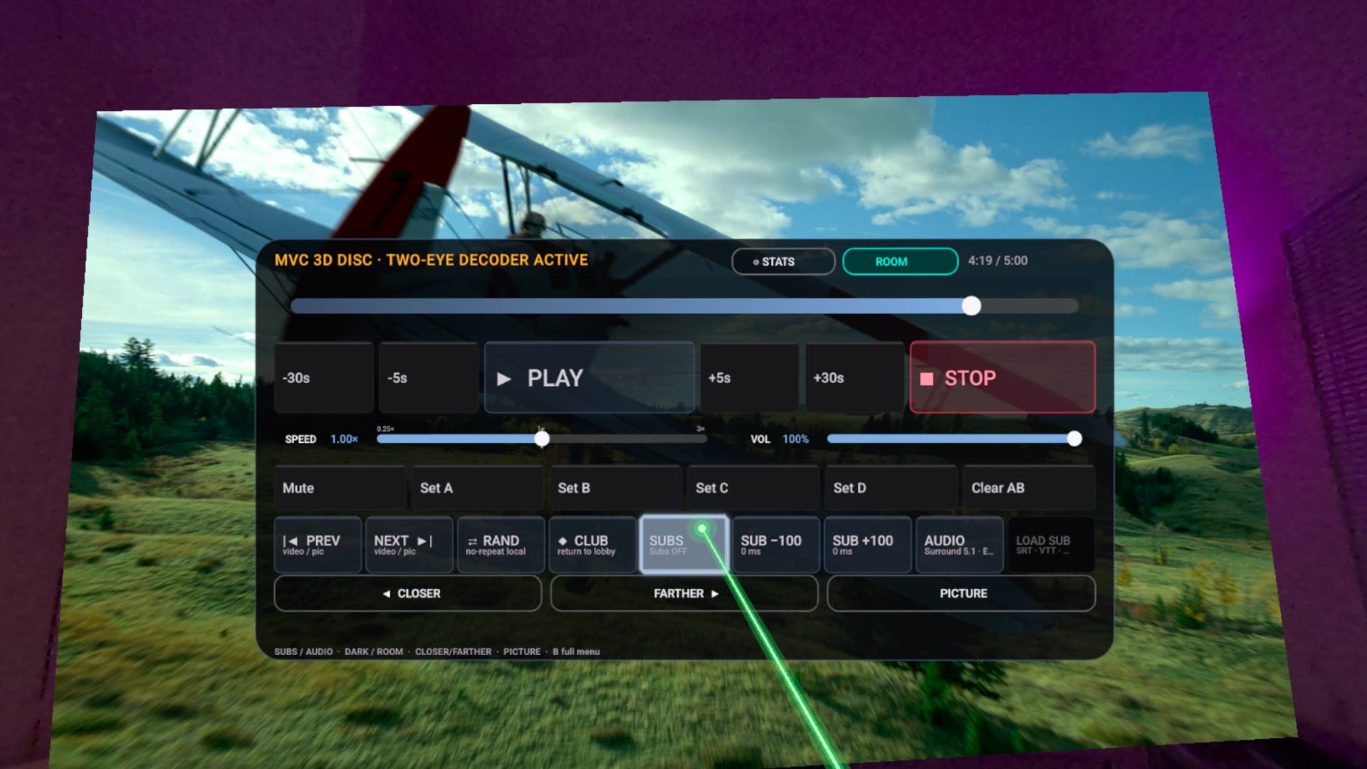 Finally PRO transport over a 3D Blu-ray rip on Meta Quest 3 — PLAY, skip chips, Set A to D loops, speed and volume, with the MVC 3D DISC header above