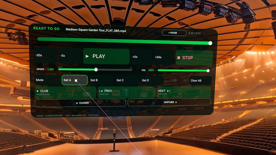 PRO transport panel with PLAY, skip chips, Set A–D loops, and CLOSER / FARTHER