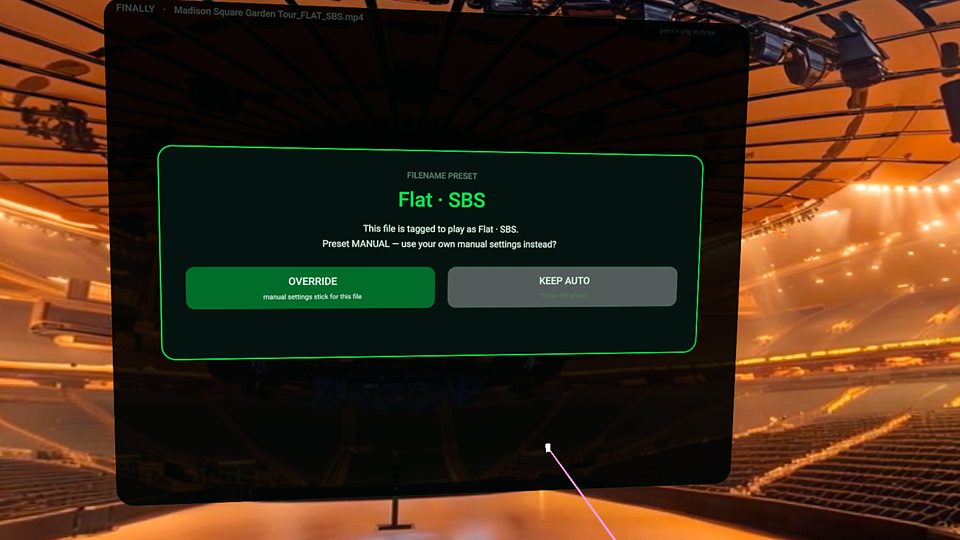 Finally OVERRIDE versus KEEP AUTO consent card over a theater scene