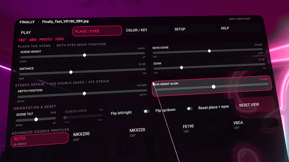 Finally PLACE/EYES board in the pink theme with scene height, distance, zoom, and eye height align sliders
